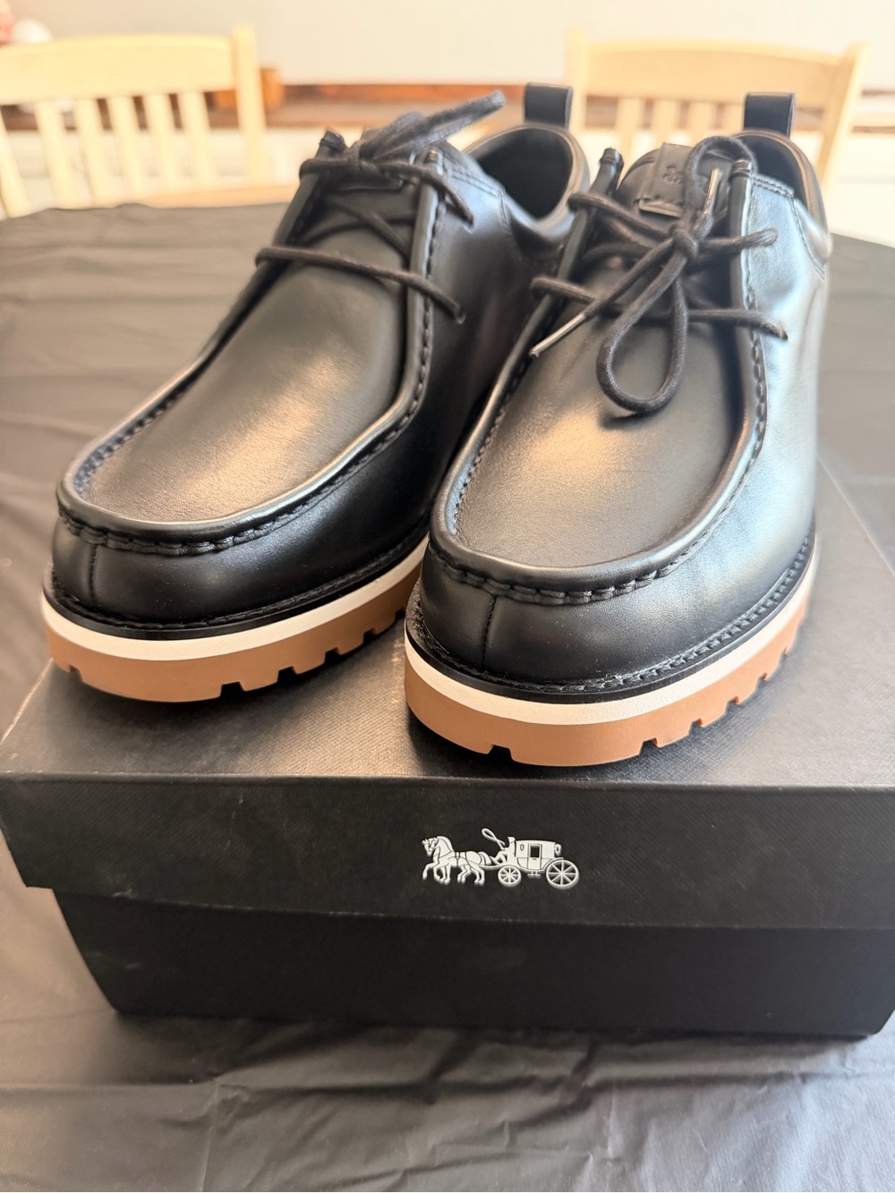 Coach Black Leather Lug Sole Casual Moccasins with Tan Outsole